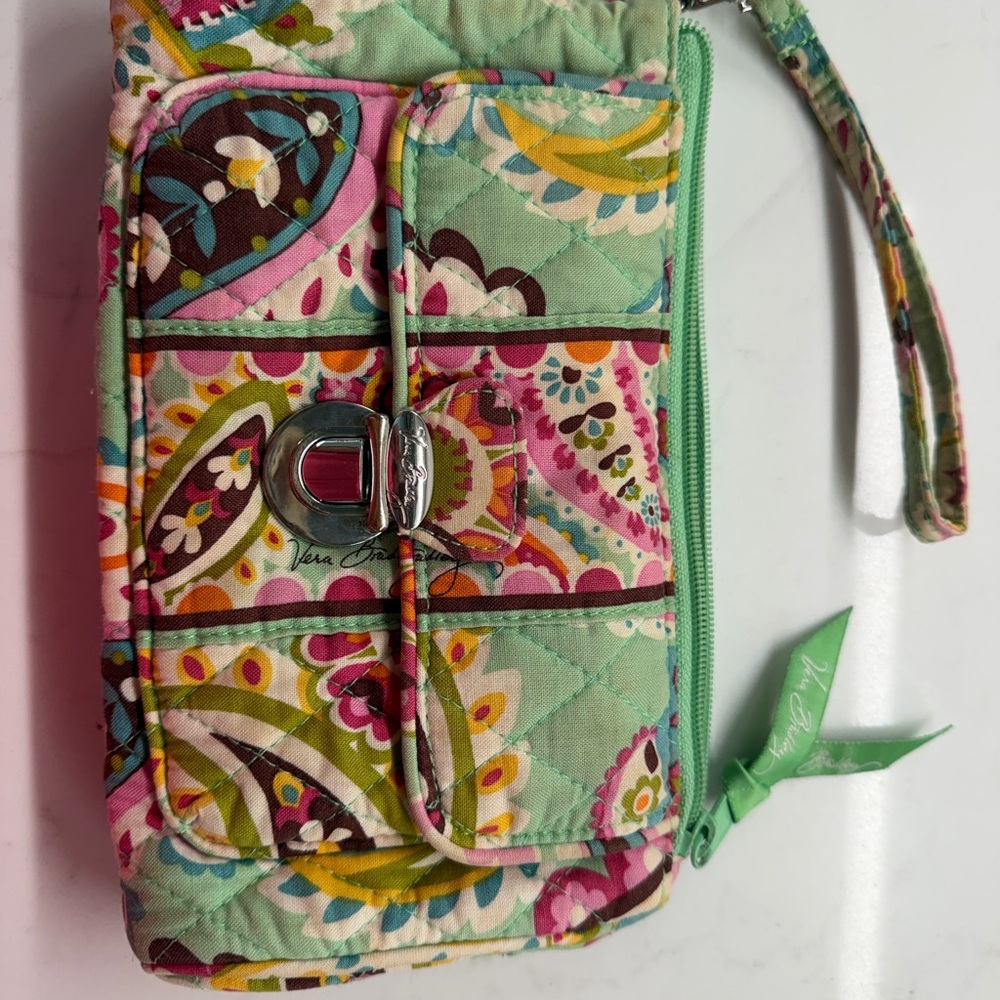 Vera Bradley Mint Floral Quilted Wristlet Wallet with Pink & Yellow Paisley